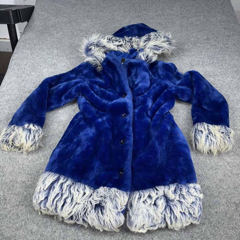Blanc Noir Coat Womens Small Blue Faux Fur Shaggy Hooded Yeti Festival Jacket